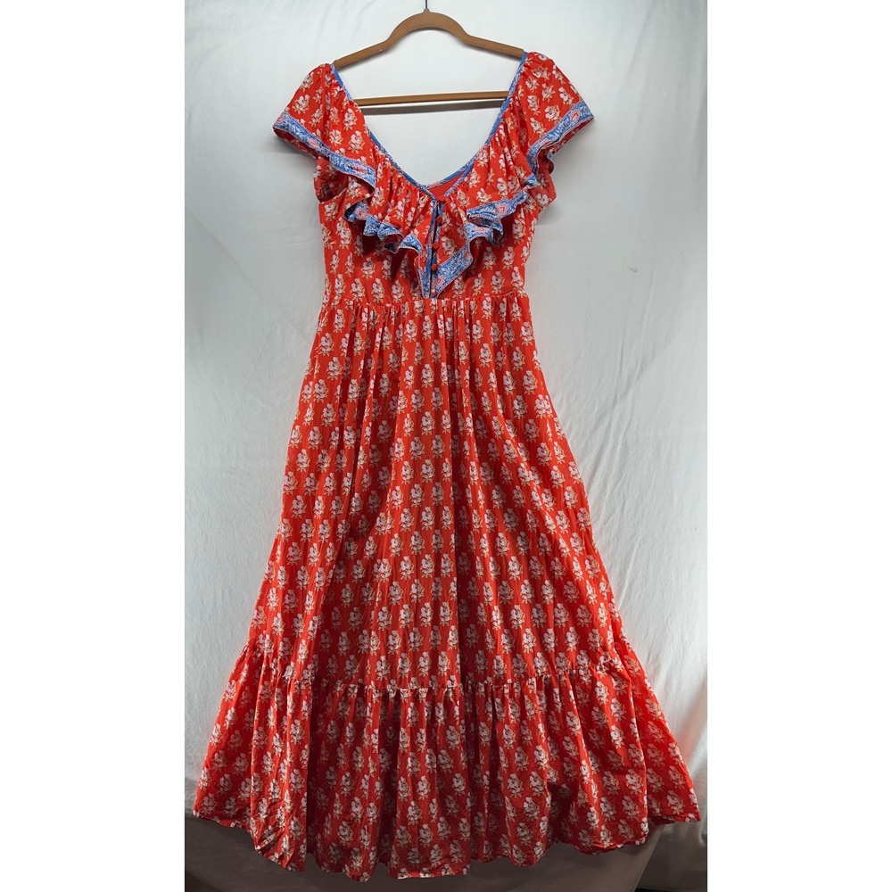 J.Crew Red Floral Tiered Maxi Dress Ruffle V-Neck Boho Cottagecore Womens 8 - Picture 2 of 15